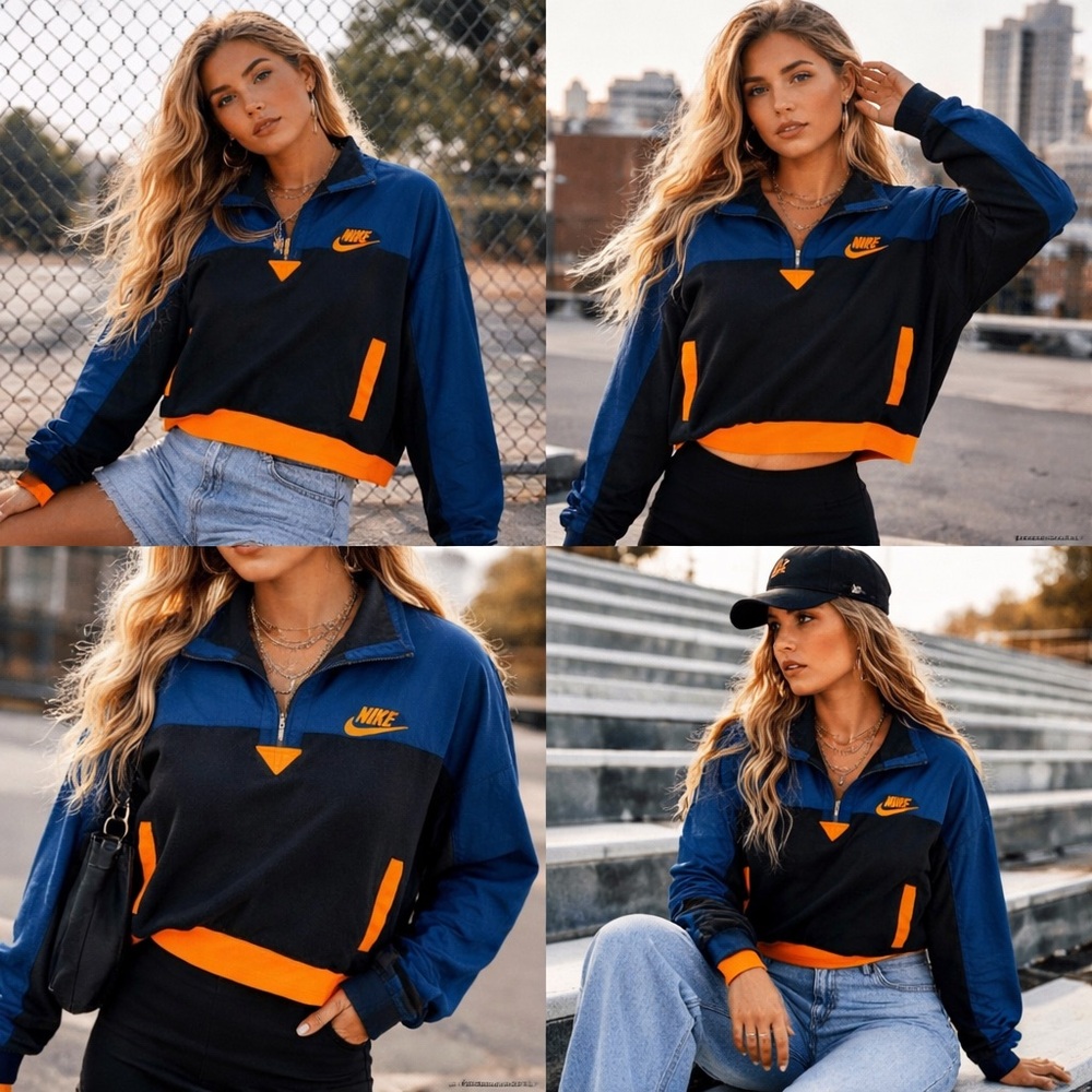 Nike Women's XL Blue Gray Orange Half-Zip Fleece Pullover Windbreaker Jacket